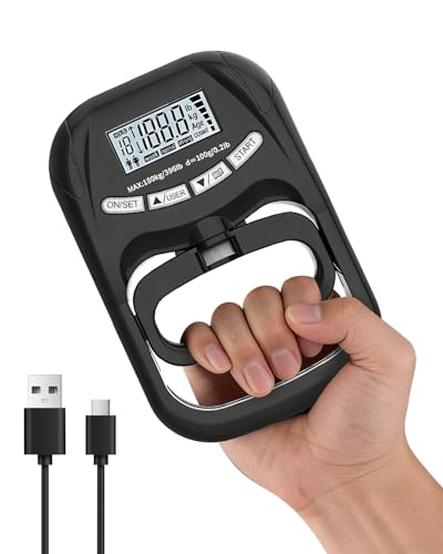 USB C Rechargeable Digital Hand Dynamometer, High Precision Grip Strength Tester 180kg, Intelligent LCD Display, 19 User Memory, for Sports, Rehabilitation and Health