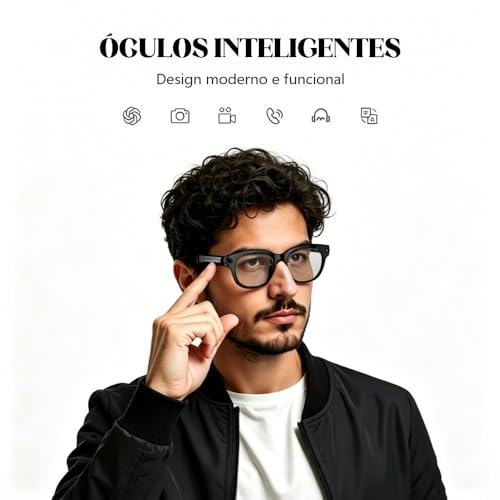Óculos inteligentes com câmera 2MP, assistente virtual IA, tradução instantânea, reprodução musical, chamadas telefônicas, Wi-Fi 6 Bluetooth 5.4, bateria longa duração, carregamento USB-C