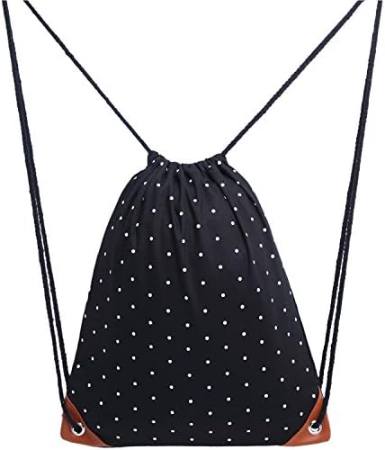 Uworth Polka Dot Canvas Drawstring Backpack Bags with Pockets Gym Bag Sackpack for Girls Black
