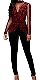 Lovaru Women's Fashion Rhinestone Mesh Insert Bodysuit Jumpsuit Open Back (Small, Red 2)