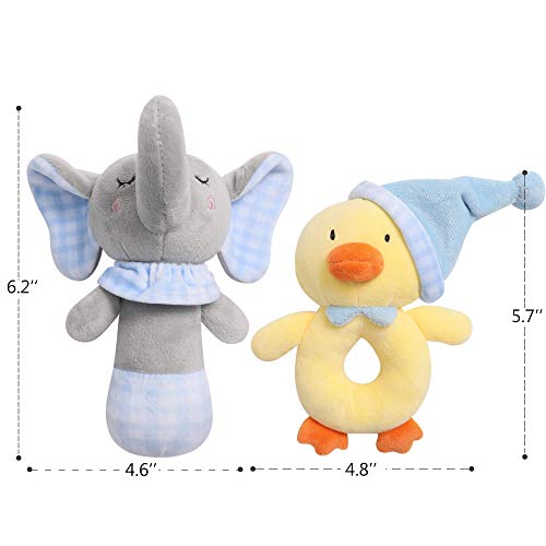 TILLYOU 2 PCS Soft Baby Rattle for Newborns, Plush Stuffed Animal Rattle, Rattle Shaker Set for Infants, Shower Gifts for Girls Boys, Shaker & Teether Toys for 3 6 9 12 Months (Elephant/Ducking)