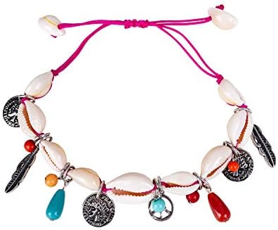 SIX 1 pc. of Anklet Made of Brightly Coloured, Adjustable Textile Strap with Decorative Shell, Pearl, Feather and Plate Pendants (775-190)