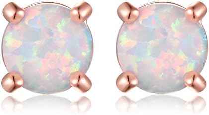 Round White Created Opal Stud Earrings Rose Gold Tone Earrings For Women Girls（6MM）
