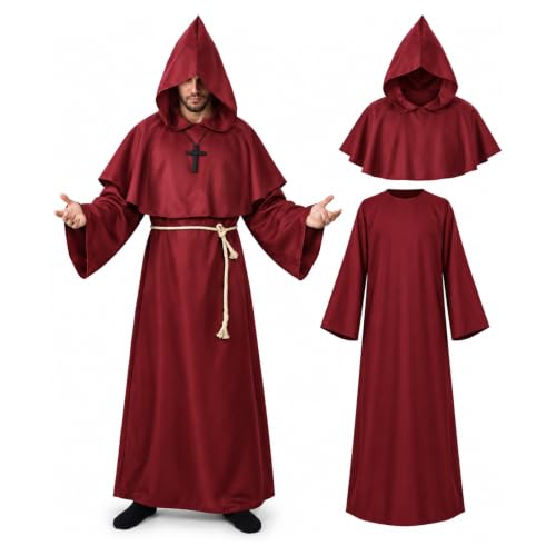 EQTGI Friar Medieval Hooded Costume Men Monk Renaissance Priest Robe with Cross Rope Belt for Adults Halloween Outfits Cosplay (Red, XL) at Amazon