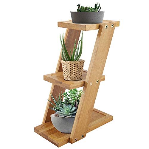 lyrlody 3 Tier Bamboo Plant Stand, Desktop Succulent Pot Display Shelf, Small Potted Plant Holder Storage Rack, 25x18x9cm
