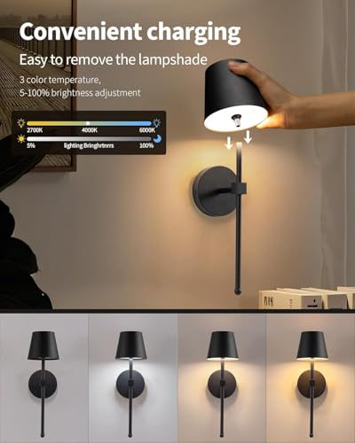 Battery Operated Wall Sconce, Black Rechargeable Wall Lights with Remote, Wireless Sconces Battery Powered Lamp for Bedroom, Living Room, Hallway, Bathroom, Set of 2