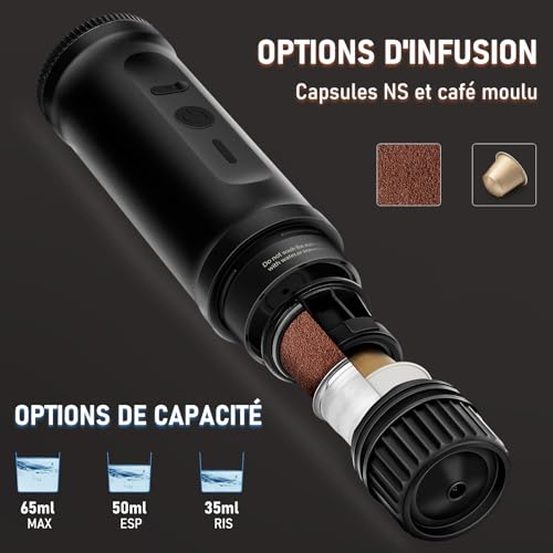 ICARE Portable Coffee Maker, 2 in 1 Portable Coffee Maker for NS Capsules and Ground Coffee, Self-Warming, USB-C Charging, Battery Indicator, for Camping, Hiking, Travel, Campervans(Black)