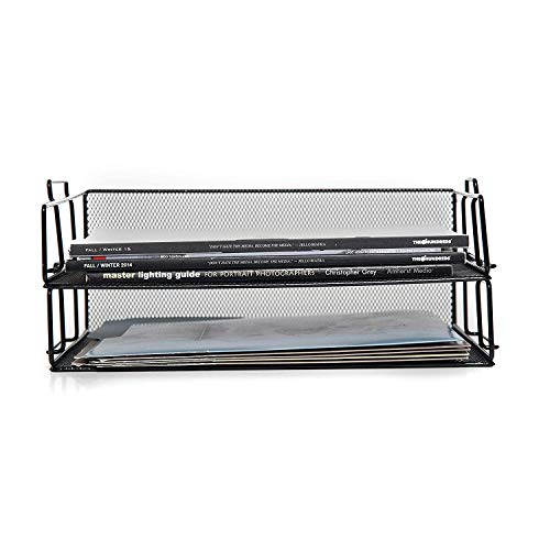 Klickpick Office 2 Tier Stackable Heavy Duty Metal Desktop Letter Tray File Organizer Sorter Desk Document Organizer Shelf Tray Magazine Holder Paper File Newspaper Organizer Tray - Black