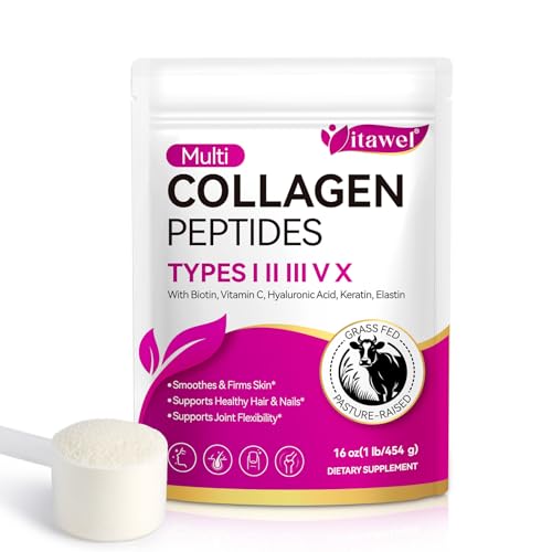 Multi Collagen Peptides Powder,Type I, II, III, V, X,with Biotin,Vitamin C,Hyaluronic Acid,Supports Healthy Joint, Hair, Skin & Nail Support,Grass-Fed, Non-GMO,16oz