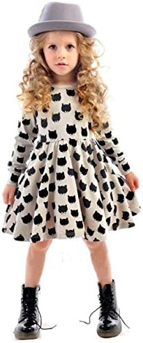 Baby Girl Long Sleeve Cotton Casual Dress Stretch Tight Black Cat Printed Party Skirt (120cm)