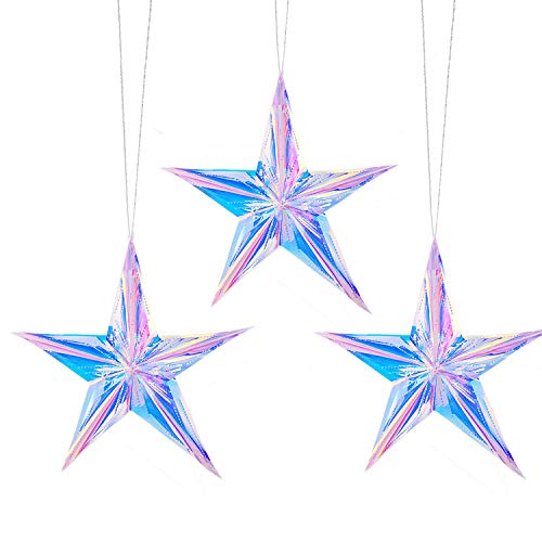 Photo 1 of 12 Inch Diameter Iridescent Ornament Star Hanging Decorations, Clear Foil Decorative Folding Decor, Rainbow Shine Party Ornaments for Bridal Shower Wedding Birthday Frozen Theme Party Decorations
