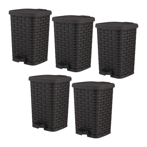 Superio Mini Trash Can with Foot Pedal Small Outdoor Garbage Can with Lid, 1.5 Gallon Plastic Waste Basket for Bathroom, Bedroom, Kitchen, Office, Patio (Wicker Brown 6 QT.), 5 Pack