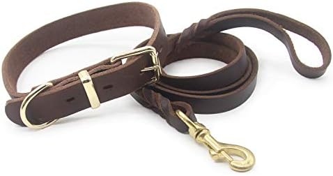 Kom Waire Genuine Real Leather Dog Collar and Leashes Set for Medium and Large Dogs, Cowhide Training Leashes with Brass Lobster Clasps Hook