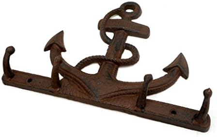 Large 10" Rustic Brown Cast Iron Anchor Hook Wall Plaque with Four Hooks, Nautical Coat Rack