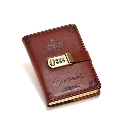 ToiM PU Leather Journal Writing Notebook Fashion Daily Notepad with Combination Lock and Pen Holder, B6 Size Password Diary for Men and Women (without Chinese Writings) (Brown)