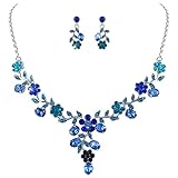 EVER FAITH Flower Leaf Necklace Earrings Set Austrian Crystal Silver-Tone - Blue