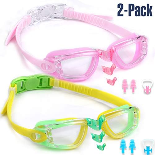 noorlee Kids Swim Goggles, 2 Pack Swimming Glasses for Children and Early Teens (Age 3 to 15 years old), Anti-Fog, Watertight, UV Protection, Soft Silicone Frame and Strap, 180 Degree Vision