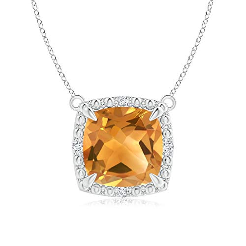 Claw-Set Cushion Citrine Beaded Halo Necklace (8mm Citrine)