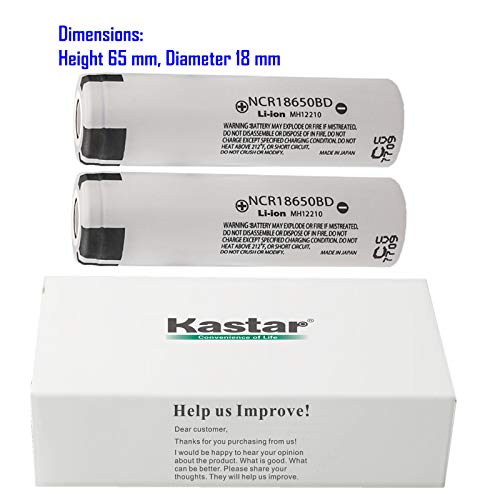 Kastar 18650 (2-Pack) NCR18650BD High Drain Lithium-ion Battery, Panasonic 3.6V 3200mAh Rechargeable Flat Top for Electric Tools, Toys, LED Flashlights and Torch ect.