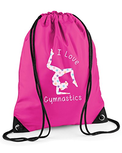 beyondsome I Love Gymnastics Pull String Bag, Fuchsia/White Print