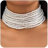 Octwine Boho Round Imitation Pearl Large Layered Choker Necklace Multi Strands Vintage Choker 1920s Bridal Wedding Christmas Vintage Shiny Necklace for Women (Silver 2)