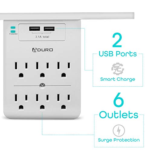 Aduro Surge Multiple Plug Outlet Splitter Wall Surge Protector With 6 Power Outlet Shelf & 2