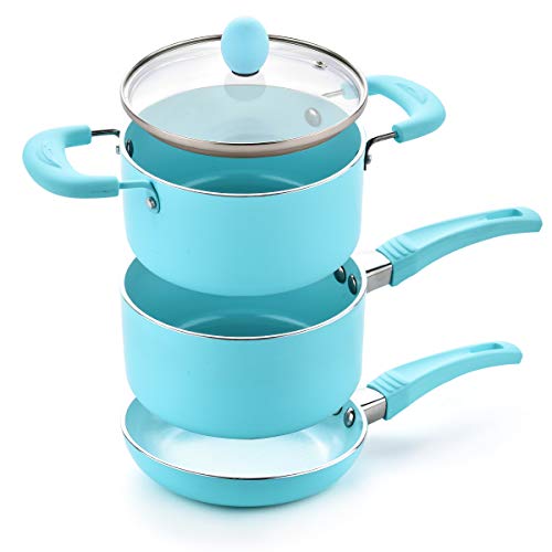 Caannasweis 3 Piece Cookware Set, 5.5" Nonstick Frying Pan, sauce pan and soup pan with glass lid set (Light Blue)