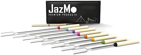 JazMo Premium Products Telescoping Marshmallow Roasting Sticks,Expandable Smores Skewers-32-Inch Extending Stainless Steel Fork, for hot dogs,Set of 8,10-Pieces mini bamboo sticks with storage Bag By