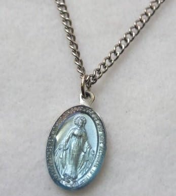Miraculous Medal Blue of Our Lady on 18" Chain Pendant. Our Lady Medal and Chain.