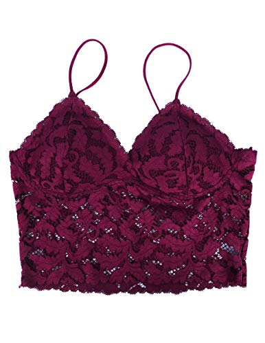 BETITETO Womens Floral Lace Bralette Wirefree Bra Removable Pads Adjustable Strap for Youths A-C Cups (Wine Red, Small(30AB 32AB))