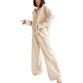 codcm Womens Cotton Gauze Loungewear Sets Casual 2 Piece Sleepwear Button Down Shirt and Wide Leg Pants Outfits