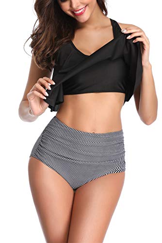 Donnalla Swimsuit for Women Two Pieces Bathing Suits Ruffled Top with High Waisted Bottom Tankini Set Black-Striped XX-Large