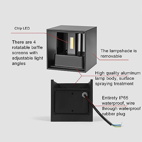 2 Pieces Outdoor LED Wall Lamp Outdoor Indoor Modern Black 12 W Warm White 3000 K IP65 Wall Lamps Waterproof Square Aluminium Up and Down Adjustable Design Easy to Install