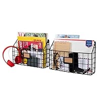 Wall35 Rivista Multipurpose Wall Mounted Farmhouse Design Basket - Wide Magazine Rack Metal Wire Set of 2 (Black)