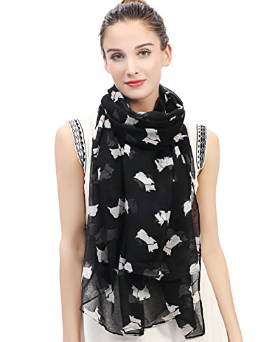 Lina & Lily Scottish Terrier Scottie Dog Print Scarf Lightweight (Black)