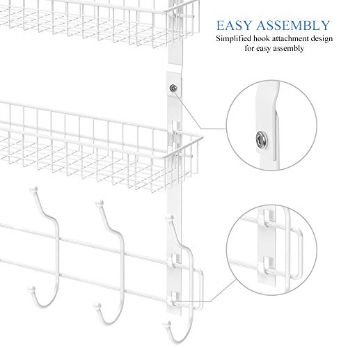 Over The Door Hook 2 Baskets & 5 Hooks Steel Storage Shelf Decorative for Office Home, Storage Organizer Rack for Coat Towel, Jewelry (White) - Thumbnail 4