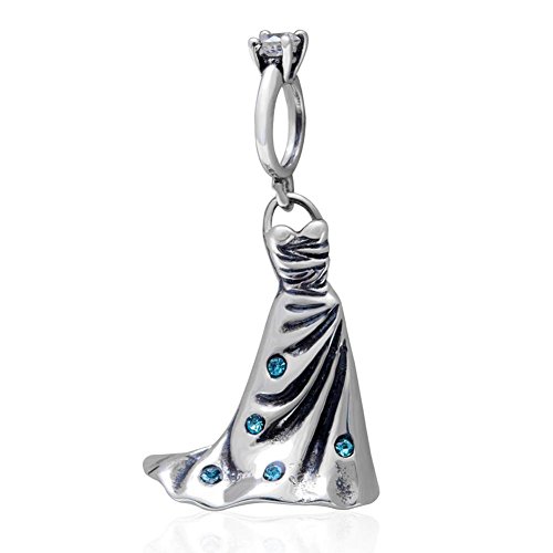 Choruslove Wedding Dress Dangling Charms 925 Sterling Silver for Compatible European Bracelet(Aquamarine Crystal)