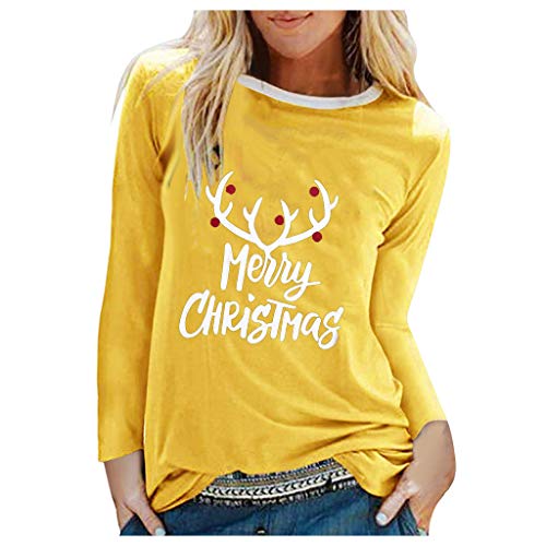 Womens Tops Blouse Merry Christmas Baseball T-Shirt Pullover Casual O-Neck Long Sleeve Shirts Tees Yellow