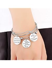 AISHOW - Juego de 3 pulseras inspiradoras de acero inoxidable con mensajes grabados motivacionales y colgantes para mujeres y niñas
