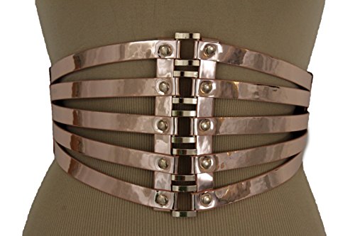 TFJ Women Fashion Wide Corset Belt High Waist Rose Gold Faux Leather Stretch Waistband S M