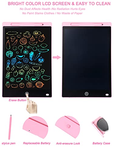 12 inch Writing Tablet, Colorful LCD Doodle Boards Drawing Tablet, Learning Art Creation Toys, Gifts for Kids Boys and Girls(Pink)