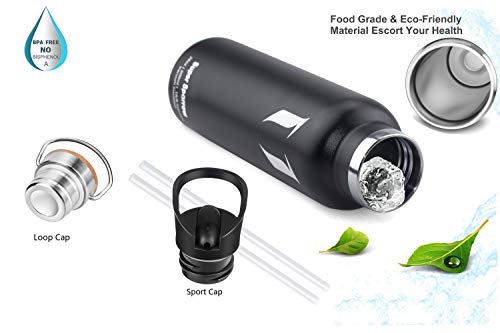 Super Sparrow Stainless Steel Vacuum Insulated Water Bottle, DStandard Mouth -350ml-620ml- 500ml & 750ml & 1L - BPA Free - with 2 Exchangeable Caps + Bottle Pouch (Black, 620ml-21oz) - Thumbnail 5