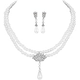 Unicra 1920s Gatsby Pearl Necklace Earrings Set Silver Bride Pearl Jewelry Sets Crystal Multilayer Necklace Jewelry Accessories for Women and Brides