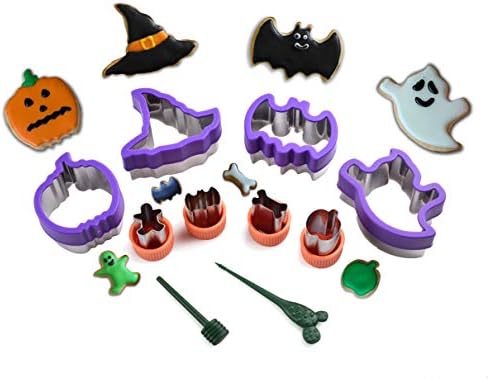 Halloween 8 Piece Cookie Vegetable Pastry Biscuit Cutter Set, Metal Stainless Steel, Pumpkin – Witch Hat – Bat – Ghost – Apple – Bone – Skeleton Shape, Food Grade Cookie Baking Cutter Mold for Kids