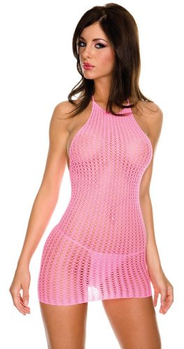 Music Legs Womens Pink Crochet Net Halter Style Mini Dress & Thong