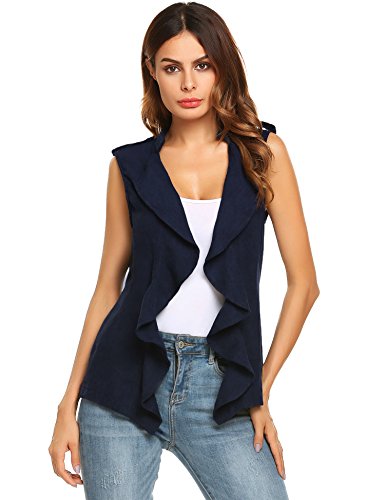 Beyove Womens Casual Sleeveless Belted Jacket Open Ruffle Front
