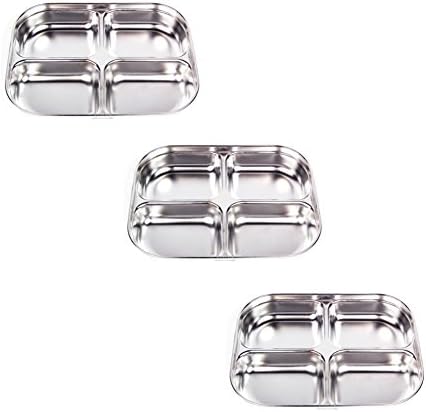 Stainless Steel Tray Storage Containers Divided Dinner Snack Plate Kids Baby Plate Diet Plate Diet Food Control Tray 4sections Set (242x185x40mm 3pack)