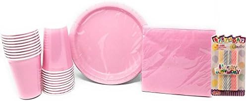 PartyDeiz Party Supplies Bundle for 20 - (20 Heavy Duty Paper Plates, 24 Napkins, 20 Cups) Birthday, Baby shower (Pink)