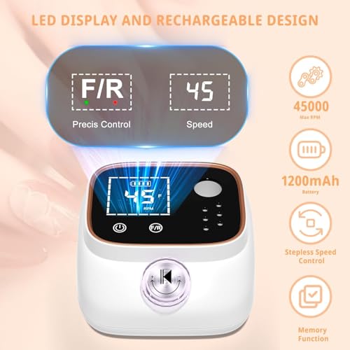 Youtelit Nail Drill 45,000RPM, 13 in 1 Electric Nail File for Acrylic and Gel Nails, Rechargeable Nail Drill Machine, Manicure Pedicure Kit with 12 Bits, LCD Display, Touch Button, Clean Brush (White)