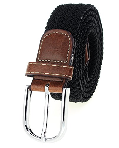 NYFASHION101 Rounded Metal Buckle Brown Inlay Elastic Braided Woven Stretch Belt, Black - XL